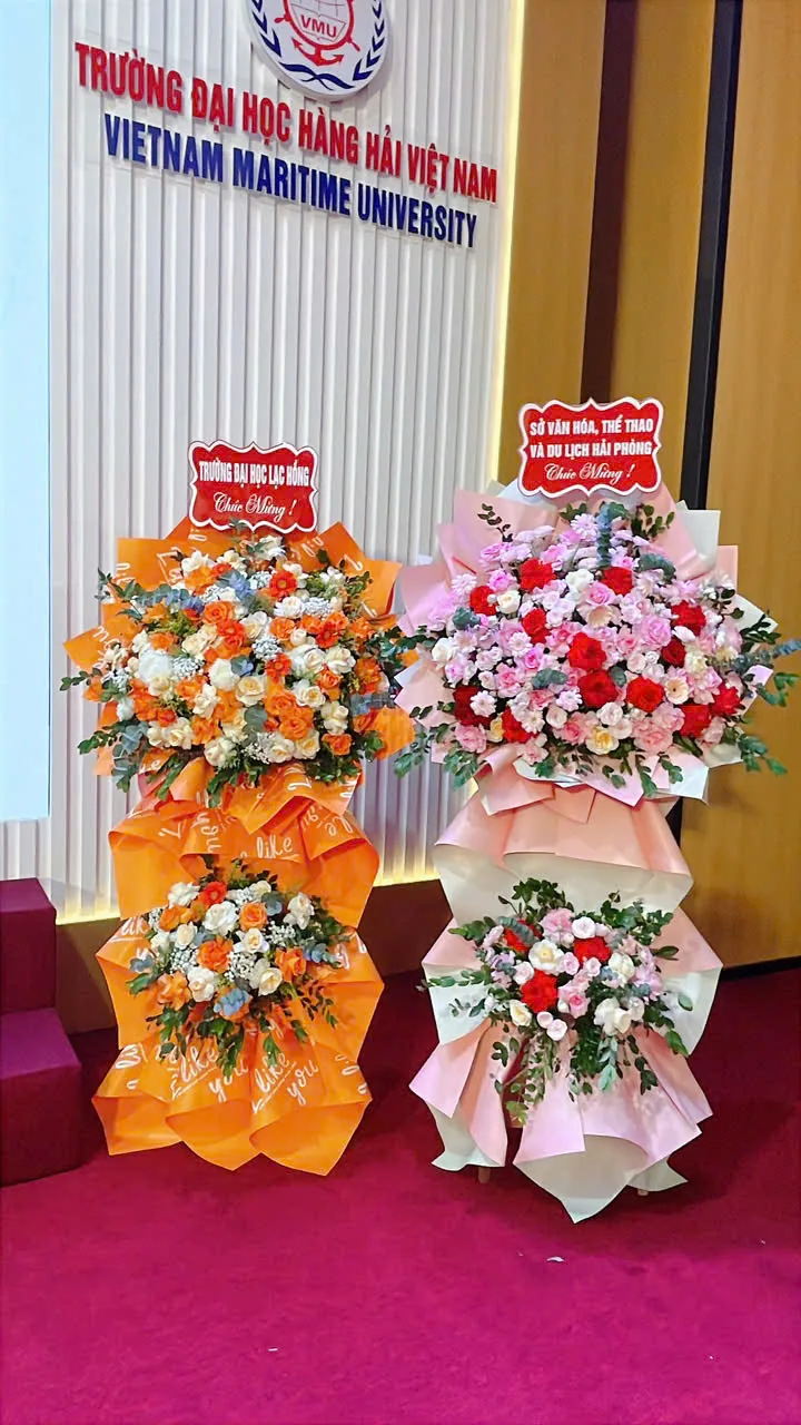 Đôi lẵng hoa chúc mừng tông cam và hồng